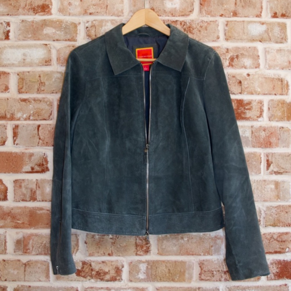 Isaac Mizrahi women's gray genuine leather zip up jacket, size L